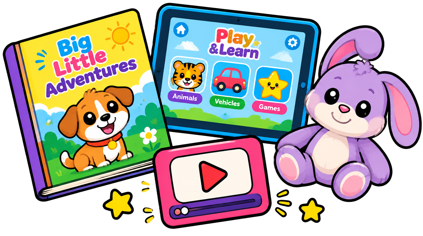 Children's content concepts: a picture book, a kids learning app on a tablet, a video episode and a plush toy